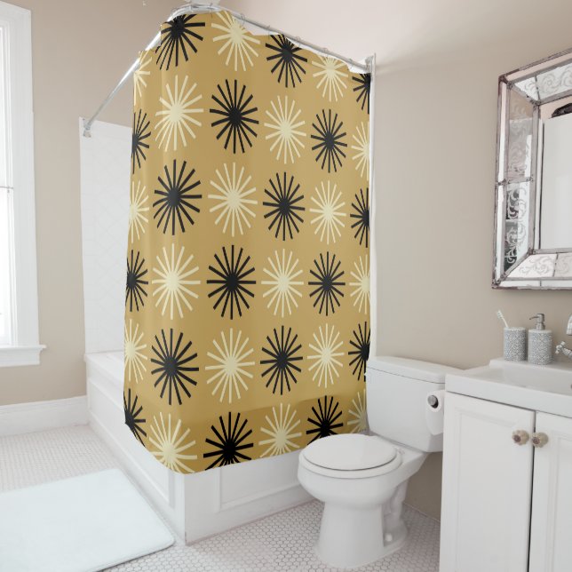 Mid Century Modern Starburst Pattern Shower Curtain (In Situ)