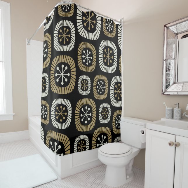 Mid Century Modern Starburst Pattern Shower Curtain (In Situ)