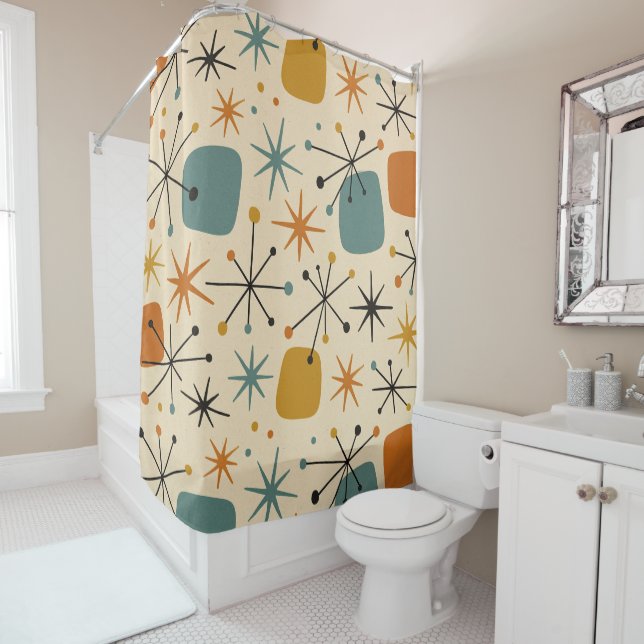 Mid Century Modern Starburst Pattern Shower Curtain (In Situ)