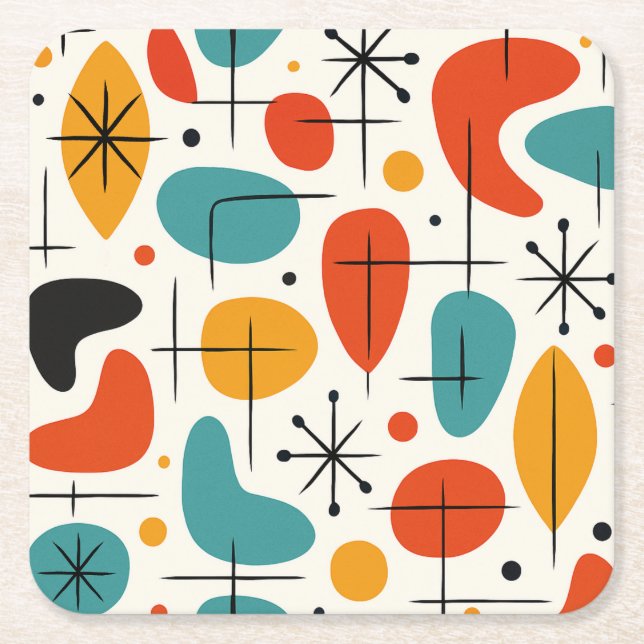 Mid Century Modern Starburst Pattern Square Paper Coaster (Front)