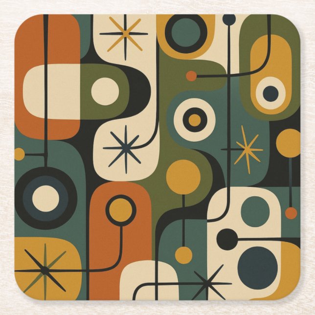 Mid Century Modern Starburst Pattern Square Paper Coaster (Front)