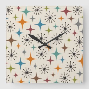 Mid Century Modern Starburst Pattern Square Wall Clock