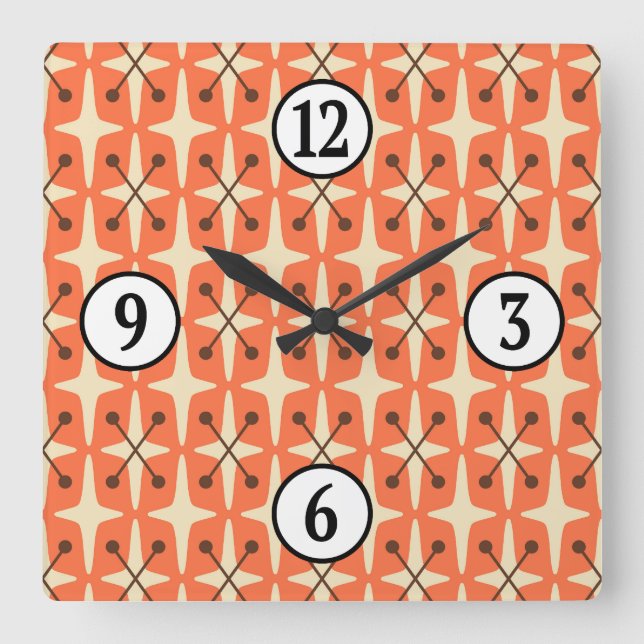 Mid Century Modern Starburst Pattern Square Wall Clock (Front)