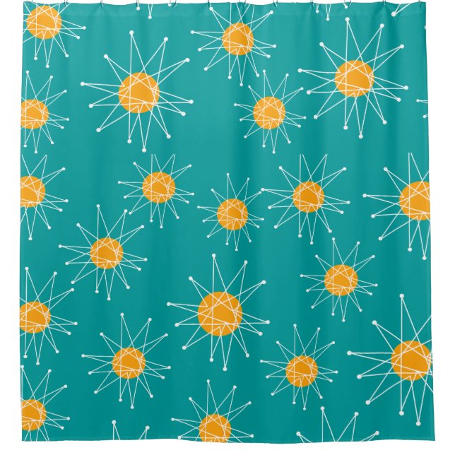Mid-Century Modern Starburst Pattern Teal Shower Curtain (Front)