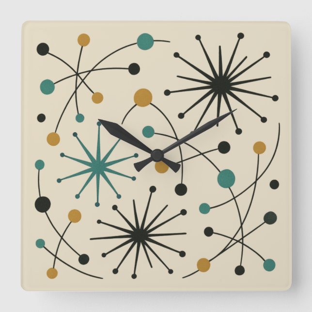 Mid Century Modern Starburst Pattern Wrapping Pape Square Wall Clock (Front)