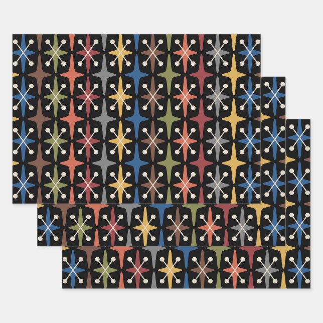 Mid Century Modern Starburst Pattern Wrapping Paper Sheets (Set)