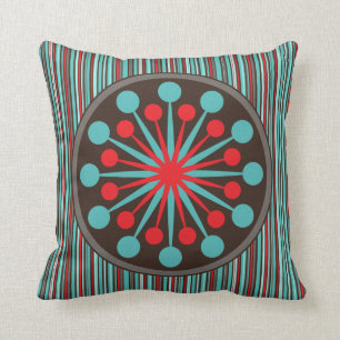 Mid Century Modern Starburst Turquoise Red Stripe Throw Pillow