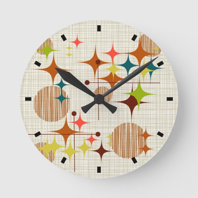 Mid Century Modern Starbursts and Globes Round Clock (Front)