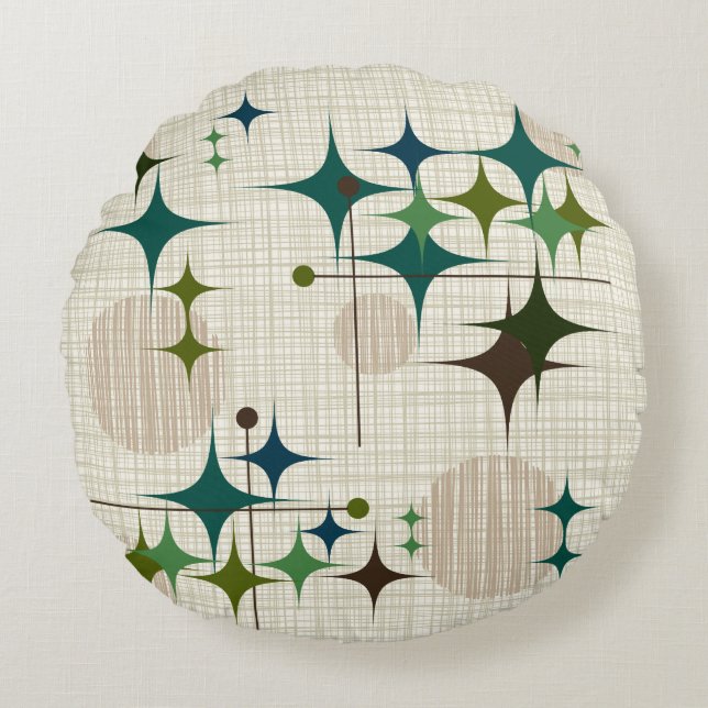 Mid Century Modern Starbursts and Globes Round Pillow (Front)