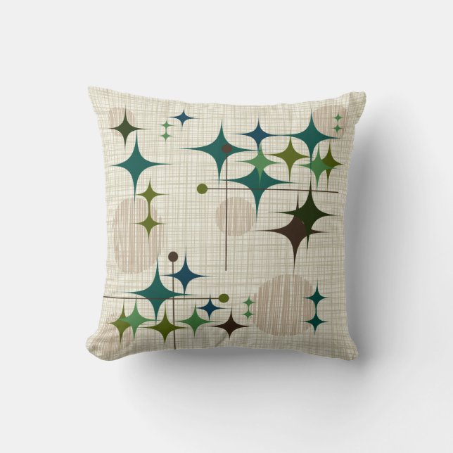 Mid Century Modern Starbursts and Globes Throw Pillow (Front)