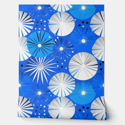 Mid Century Modern Starbursts Blue and White Wallpaper