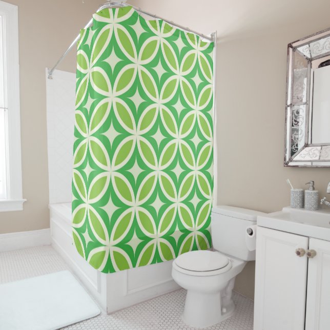 Mid century Modern Starbursts circles green Shower Curtain (In Situ)