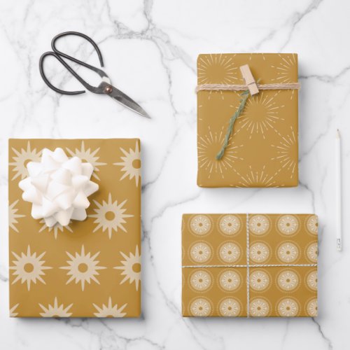 Mid_Century Modern Starbursts Ochre Gold Christmas Wrapping Paper Sheets