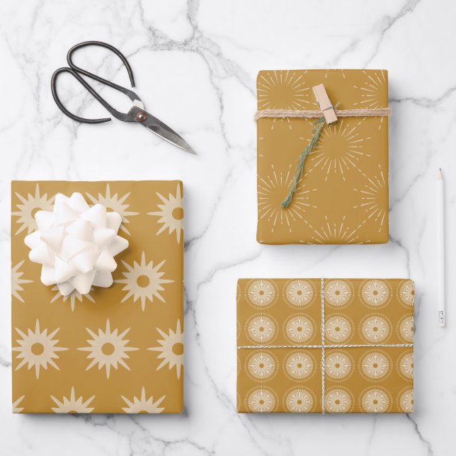 Mid-Century Modern Starbursts Ochre Gold Christmas Wrapping Paper Sheets (Front)
