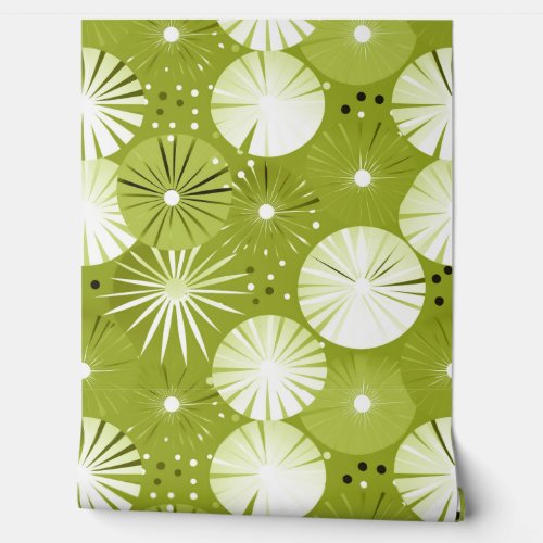 Mid Century Modern Starbursts Olive and White Wallpaper