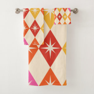 Mid century modern starbursts on retro diamonds bath towel set
