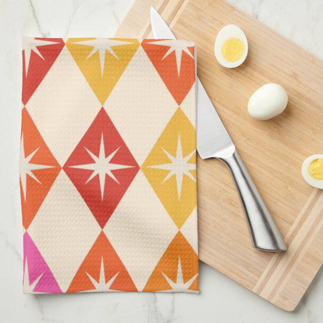 Mid Century Modern Starbursts on Retro Diamonds Kitchen Towel (Quarter Fold)