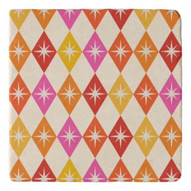 Mid Century Modern Starbursts on Retro Diamonds Trivet (Front)