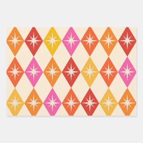 Mid Century Modern Starbursts on Retro Diamonds Wrapping Paper Sheets