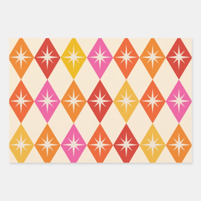 Mid Century Modern Starbursts on Retro Diamonds Wrapping Paper Sheets (Front)