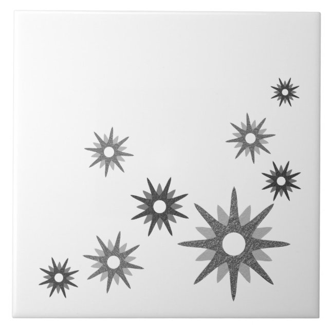 Mid-Century Modern Starbursts | Silver Ceramic Tile (Front)