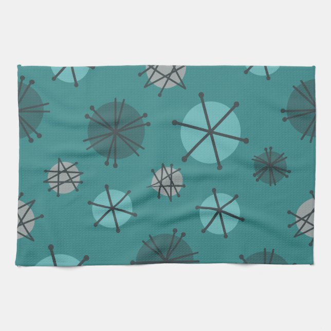 Mid Century Modern Starbursts Teal Kitchen Towel (Horizontal)