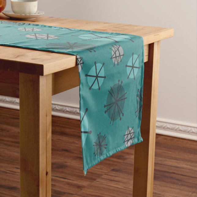 Mid Century Modern Starbursts Teal Short Table Runner (In Situ)