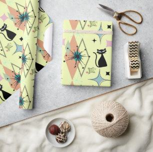 Mid Century Modern Stars and Cats Pattern Cream Wrapping Paper