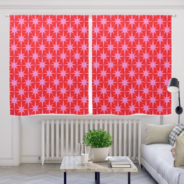 Mid Century Modern Stars Retro Atomic Pink and Red Blackout Curtains (Living Room)