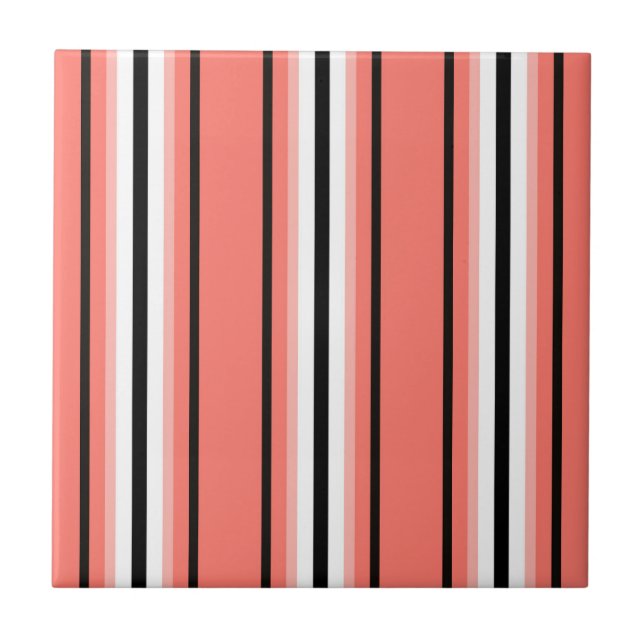 Mid-Century Modern Stripes, Coral, Black & White  Ceramic Tile (Front)