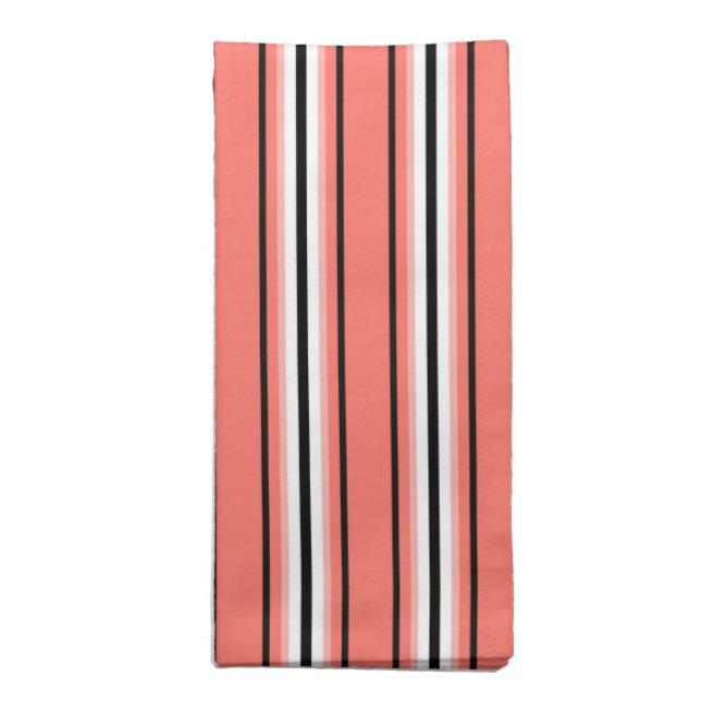 Mid-Century Modern Stripes, Coral, Black & White  Cloth Napkin (Folded)