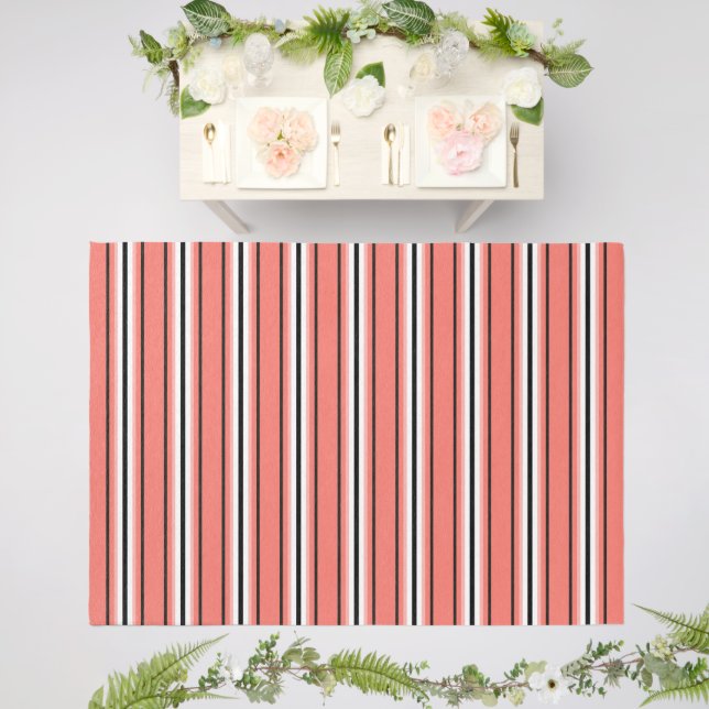 Mid-Century Modern Stripes, Coral, Black & White  Outdoor Rug (Insitu (Wedding 2))