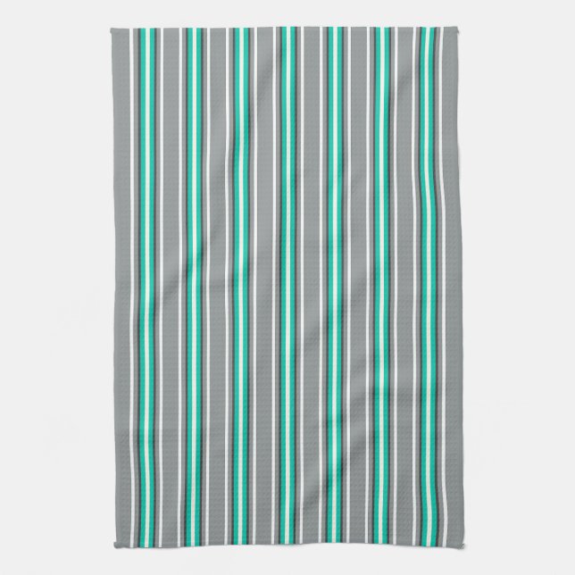 Mid-Century Modern Stripes, Gray and Turquoise  Kitchen Towel (Vertical)