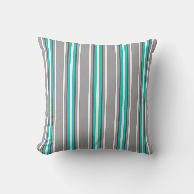 Mid-Century Modern Stripes, Gray and Turquoise Outdoor Pillow (Front)