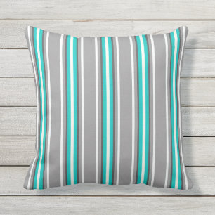 Mid-Century Modern Stripes, Gray and Turquoise Outdoor Pillow