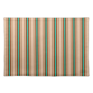 Mid-Century Modern Stripes, Tan. Brown and Aqua Cloth Placemat