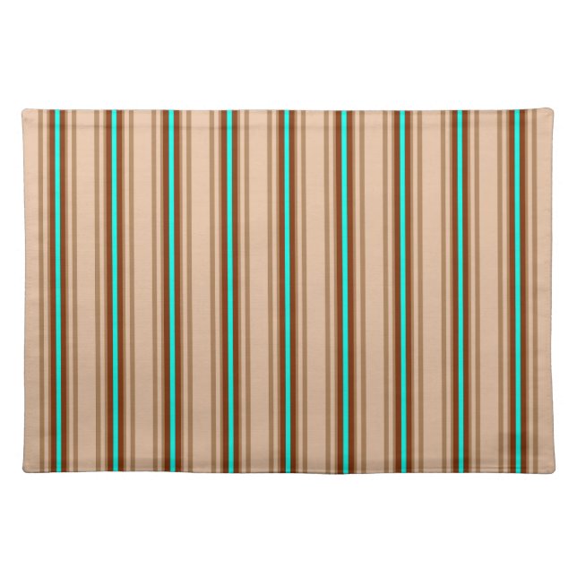 Mid-Century Modern Stripes, Tan. Brown and Aqua  Cloth Placemat (Front)