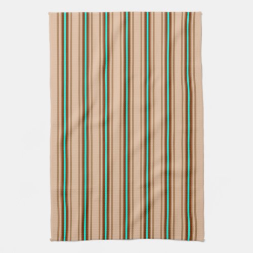 Mid_Century Modern Stripes Tan Brown and Aqua  Kitchen Towel