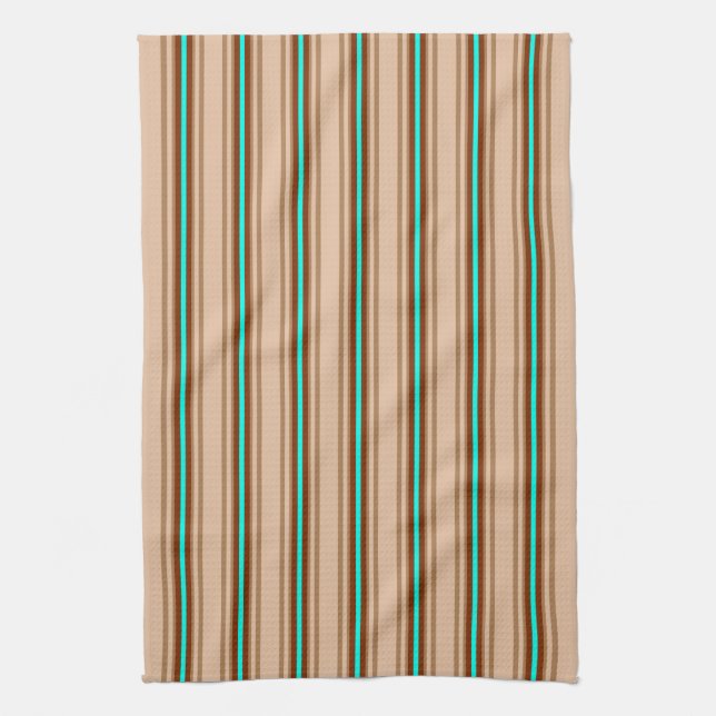 Mid-Century Modern Stripes, Tan. Brown and Aqua  Kitchen Towel (Vertical)