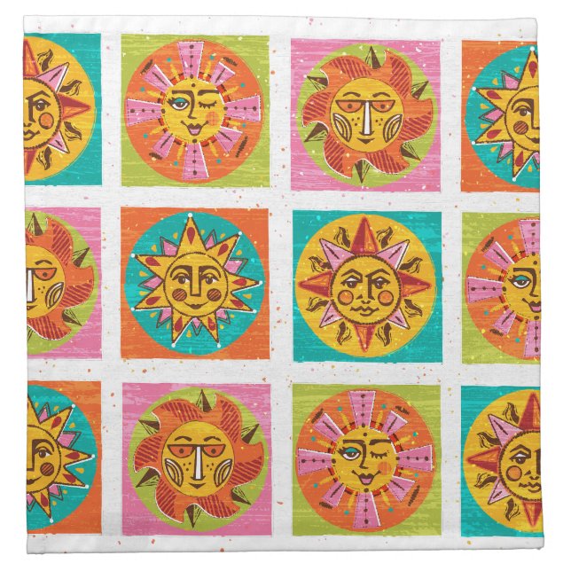 Mid Century Modern Sun Faces Cloth Napkins Set (Front)