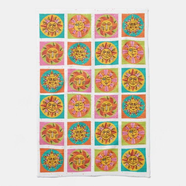 Mid Century Modern Sun Faces Drying Mat  Kitchen Towel (Vertical)