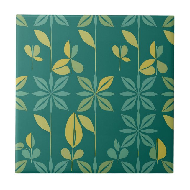 Mid-Century Modern Teal Botanical Geometric Leaf Ceramic Tile (Front)