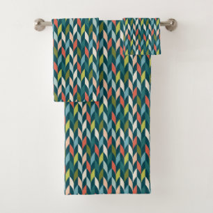 Mid-Century Modern Teal & Coral Pattern Bath Towel Set