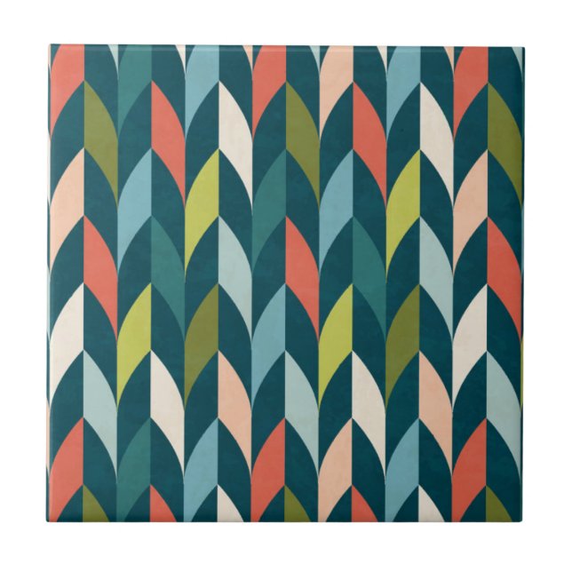 Mid-Century Modern Teal & Coral Pattern Ceramic Tile (Front)
