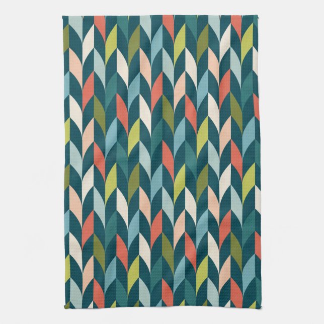 Mid-Century Modern Teal & Coral Pattern Kitchen Towel (Vertical)