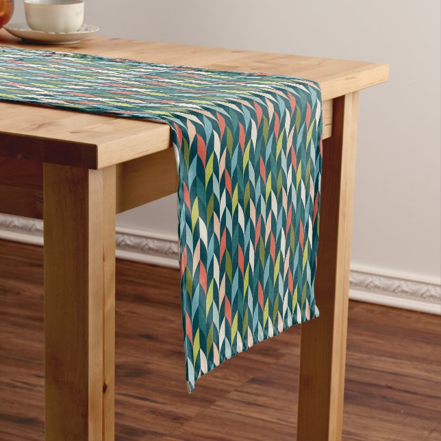 Mid-Century Modern Teal & Coral Pattern Short Table Runner (In Situ)