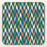 Mid-Century Modern Teal &amp; Coral Pattern Square Paper Coaster
