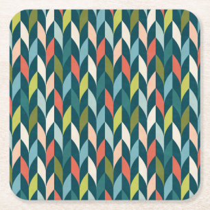 Mid-Century Modern Teal & Coral Pattern Square Paper Coaster