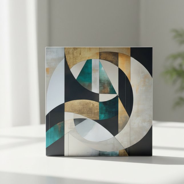Mid-Century Modern Teal Gold Geometric Abstract Ceramic Tile (Creator Uploaded)