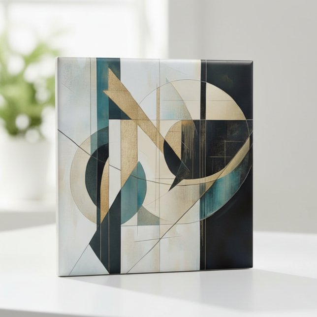 Mid-Century Modern Teal Gold Linear Geometric Ceramic Tile (Creator Uploaded)